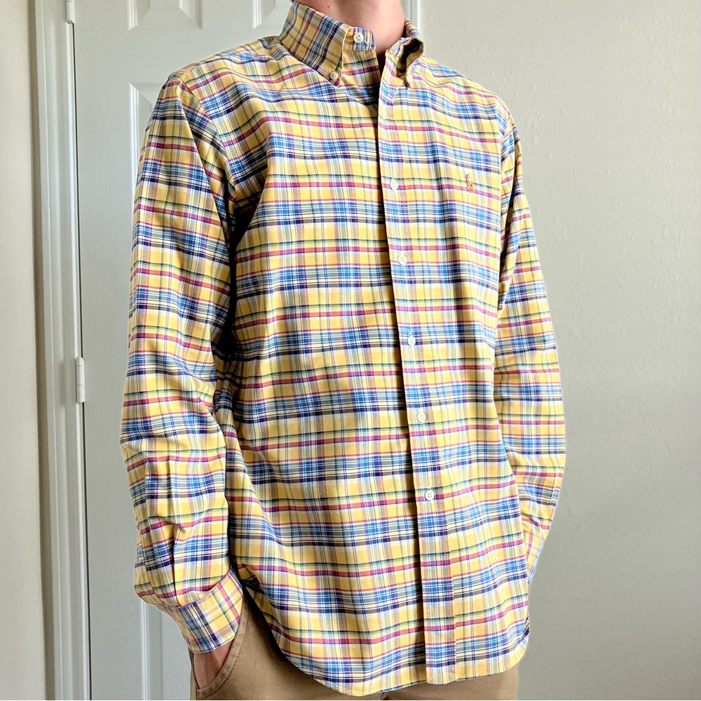 Ralph Lauren Polo Mens Yellow Plaid Long Sleeve Classic Fit Dress Shirt